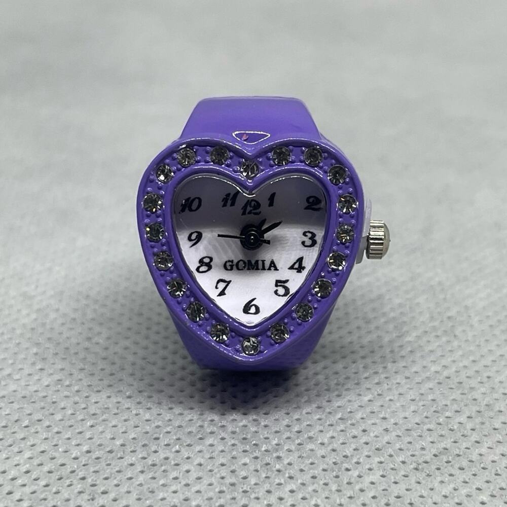 Retro Purple Enameled Stainless Steel Stretch Band Ring Watch With Rhinestones